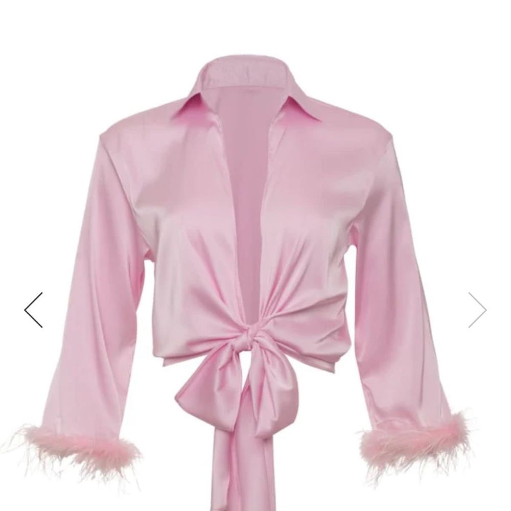 Pink Satin Tie-Front Feather Cuff Blouse